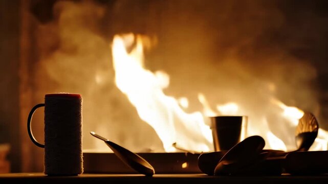 Candle with red top and white thread stands beside wooden spoons and metal cup, illuminated by warm flames in a cozy indoor setting