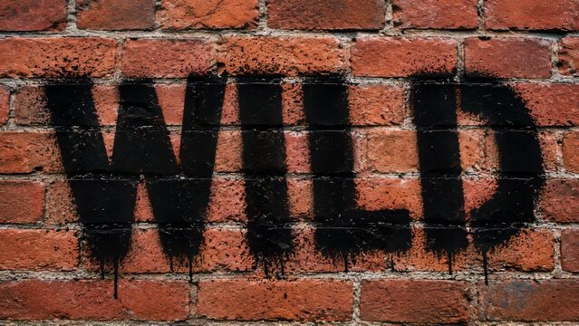 The word wild in black graffiti on an old brick wall.