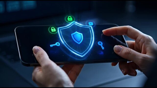 Cybersecurity shield animation appearing on a modern mobile device held by hands in motion video footage