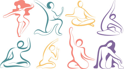 Obraz premium Colorful abstract human poses and movement silhouettes with silhouettes movement abstract colorful illustration wellness meditation. Vector illustration