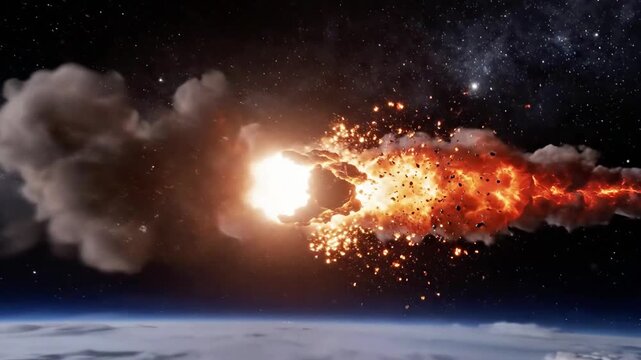 A massive explosion occurs in space with a bright light and debris