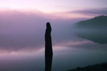 Fototapeta premium Mystical Woman Standing in Foggy Lake at Purple Dawn with Reflection and Serene Landscape