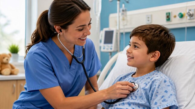 Nurse using stethoscope to examine young boy in hospital