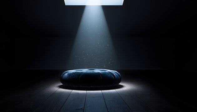 Zafu meditation cushion sitting on a dark wooden floor under a bright cone of light creating a peaceful focused atmosphere generative AI
