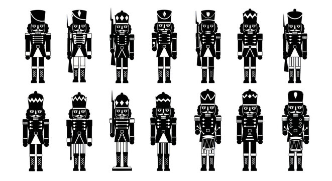 Set of Black and White Nutcracker Soldiers, Vector Icons