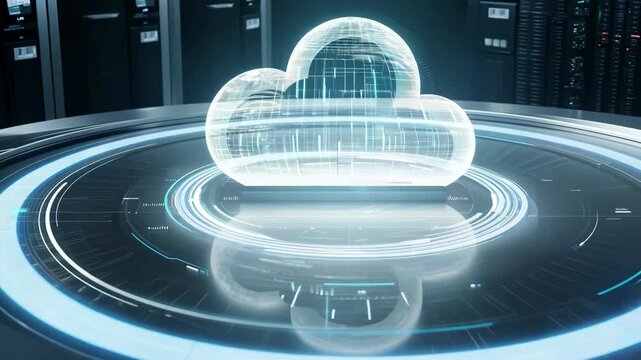 Digital cloud icon with glowing holographic effects rotates above a circular interface, surrounded by server racks in a modern data center environment