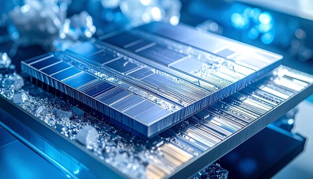 Advanced silicon semiconductor wafers and microchips manufacturing process in a high tech laboratory, abstract 3D rendering