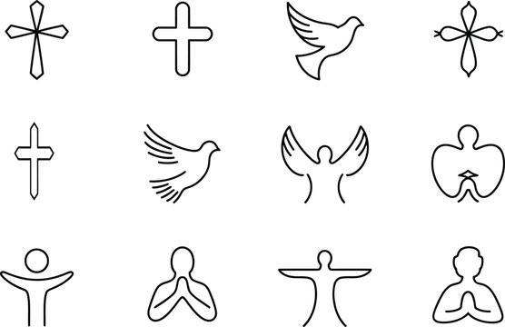 Christian religious icons set featuring cross symbols and prayer poses religion christianity spirituality catholic protestant devotion. Vector illustration