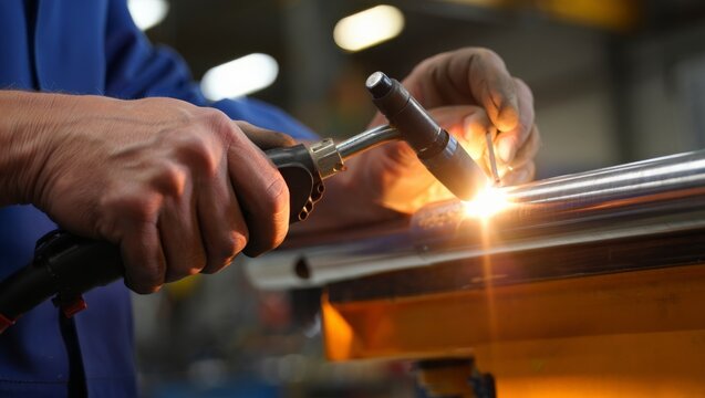 Extreme close-up of bare craftsman hands in a blue uniform guiding a TIG torch and filler rod along a polished steel tube, with a warm bright arc glow and orange reflections in an active factory.