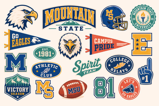 A collection of vintage-style college sports and university emblems, mascots, pennants, and numbers, featuring eagles, football, and academic motifs.