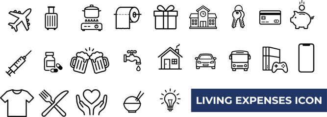 Fototapeta premium Black and white line art vector illustration of living expenses icons including bills, groceries, rent, utilities, and financial symbols on transparent background.