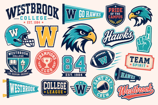 A collection of vintage-style college sports emblems, logos, and icons featuring a hawk mascot, football, helmet, and pennants for Westbrook College.