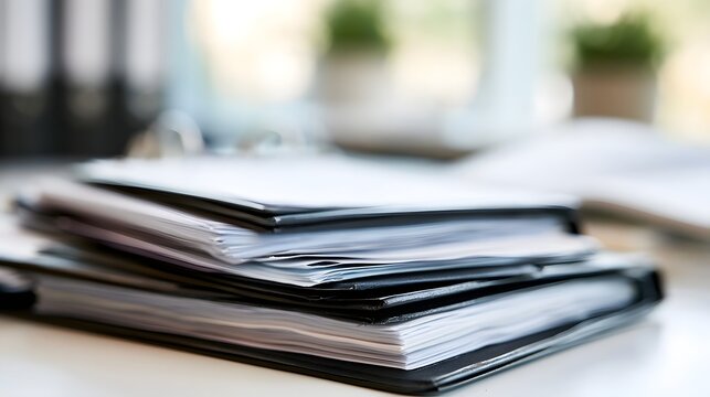 A close up view of layered business documents and folders resting on a surface in soft daylight