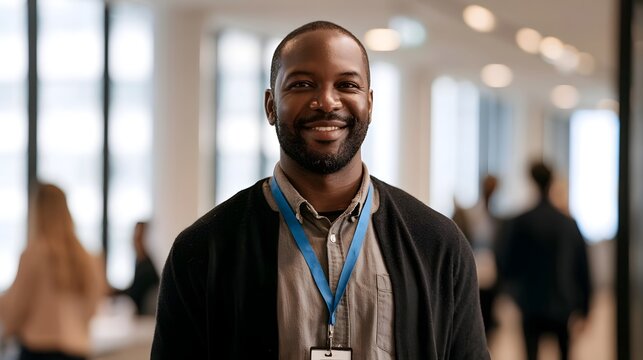 A smiling professional man wearing a lanyard stands in a bright modern office setting with large