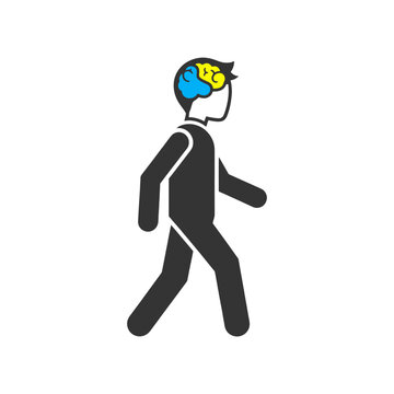 A stylized icon of a person walking with a colorful brain illustration