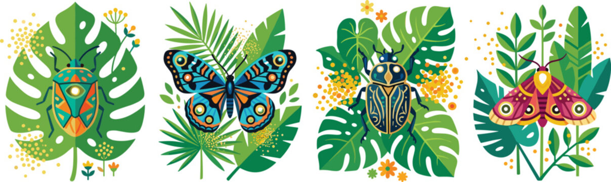 Tropical insect vector illustration collection with decorative butterfly beetle moth and monstera foliage elements for summer textile patterns and ecotourism branding
