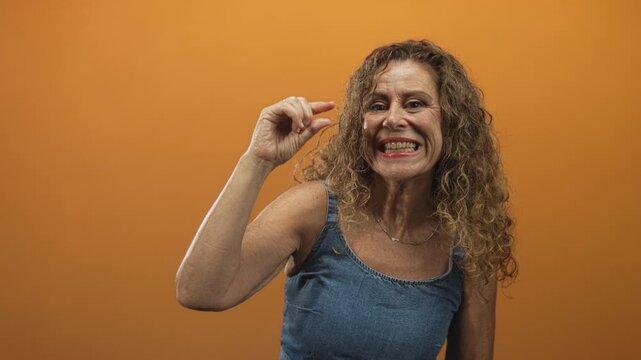 Woman pinching fingers close together and smiling, wearing denim tanktop against an orange studio backdrop; playful measurement.