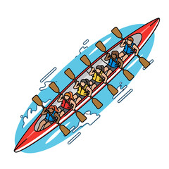 A team of rowers paddling a long red boat on blue water surface © buku