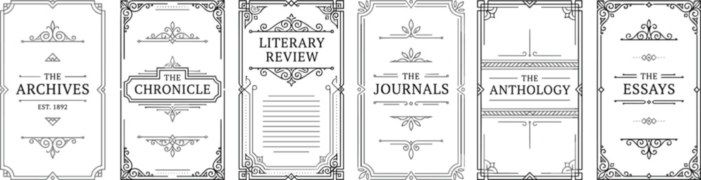 Vintage book cover layout vector set with elegant monochrome borders, editorial text frames, and antique filigree elements for literary magazine publishing