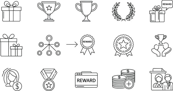 Black and white line for rewards, achievements, and incentives line black and white symbols