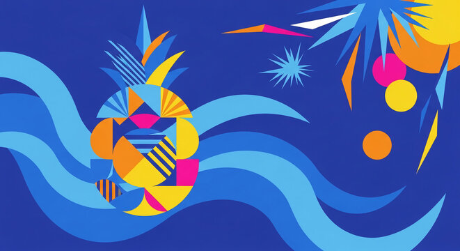 Abstract geometric composition with a pineapple motif, vibrant colors, and wavy shapes, symbolizing summer, vacation, and a playful tropical theme