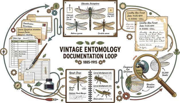 Vintage entomology documentation infographic loop vector featuring archival dragonfly specimens, scientific field notes, and data logs for educational museum publishing