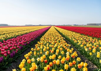 Fototapeta premium Vast agricultural landscape featuring rows of vibrant flowering bulbs stretching toward the horizon during the warm and sunny season, white, fresh, pink
