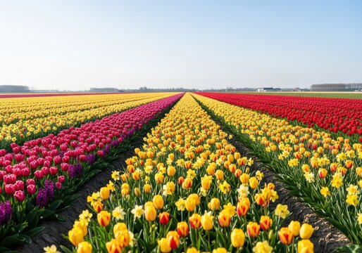 Vast agricultural landscape featuring rows of vibrant flowering bulbs stretching toward the horizon during the warm and sunny season, white, fresh, pink