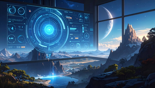 Futuristic command center with a large display overlooking an alien world