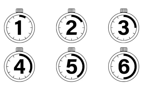 Set of black and white vector stopwatch illustrations featuring numbers one through six for timing countdowns in professional graphic design
