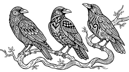 Decorative crow line art vector with zentangle doodle tattoo style black and white bird illustration © MdAmzad