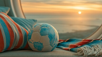Soccer ball featuring a world map design placed on an airplane with an aerial landscape view, symbolizing global sports, international travel, cultural connection, and worldwide football passion.