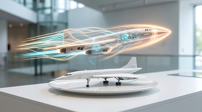 Sleek white supersonic jet model on ceramic dish with a 3D hologram of Mach speed light trails.