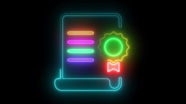 Neon certificate animation with glowing colorful lines and seal for education and business success concepts