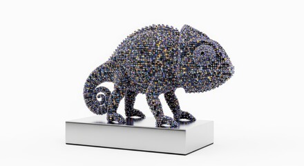 Fototapeta premium Pixelated Chameleon Sculpture on Minimalist Pedestal in Modern Vector Art Style