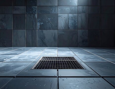 Grated drain in a tiled room, cool toned lighting