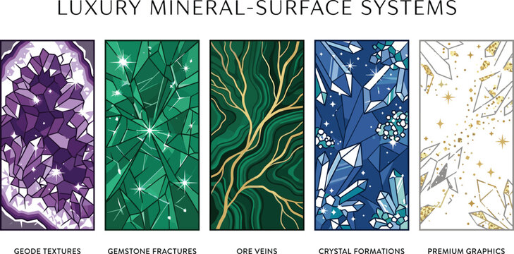 Luxury mineral surface texture vector collection featuring geode patterns gemstone fractures emerald ore veins and crystal formations for premium branding