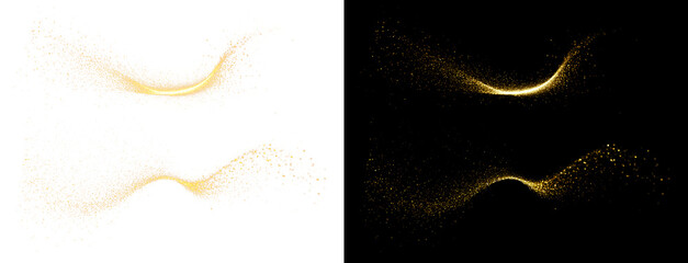 PNG image showing a swirling stream of golden light creating a sparkling dust effect. Futuristic stream of golden particles with shimmering waves and a sparkling light effect. © Ihor Nemynushchyi