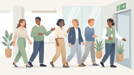 Obraz premium Groups of people exit a building during a workplace violence prevention drill in a bright office space with greenery.