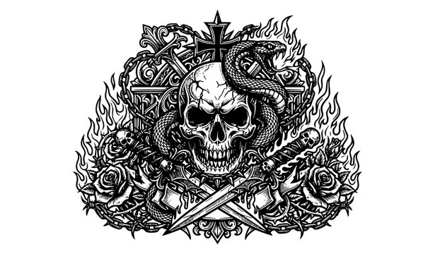 Skull Snake and Fire Tattoo Style Dark Vector Illustration Design