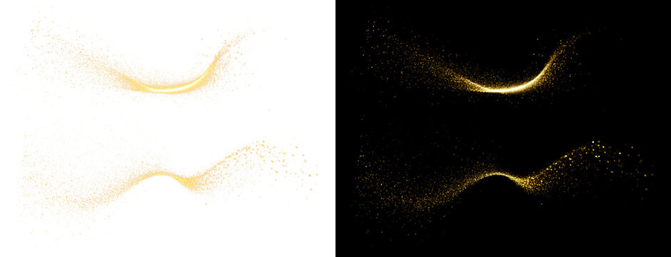 PNG image showing a swirling stream of golden light creating a sparkling dust effect. Futuristic stream of golden particles with shimmering waves and a sparkling light effect.