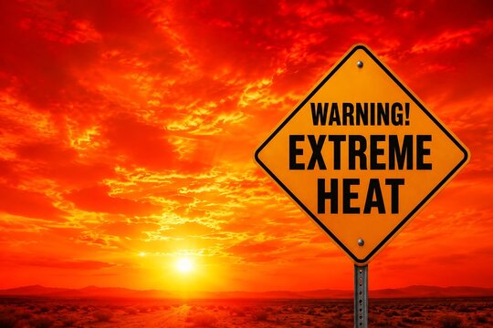 Warning extreme heat sign against sunset background