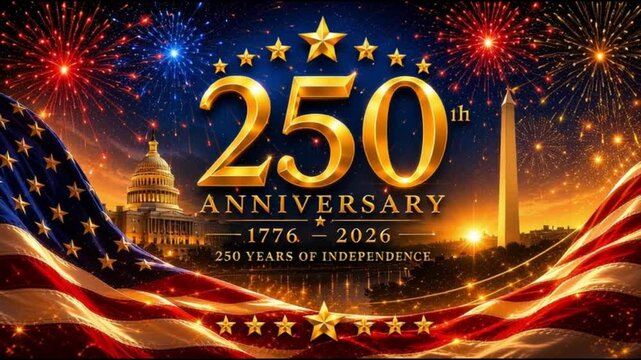 USA 250th Anniversary Celebration 1776 2026 Patriotic Independence Day Fireworks Over Skyline 4K Background Video