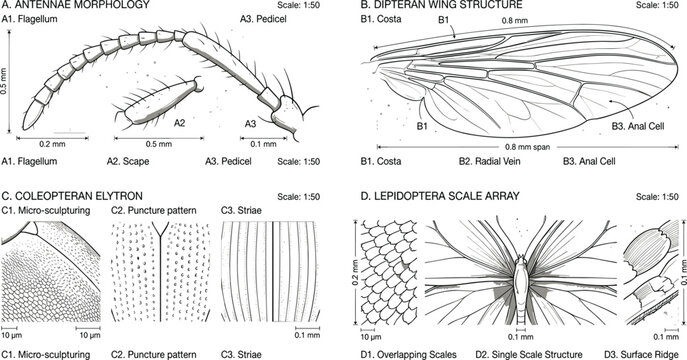 Minimalist insect anatomy infographic vector set featuring scientific entomology diagrams wing structures and antennae morphology charts for biology textbook publishing