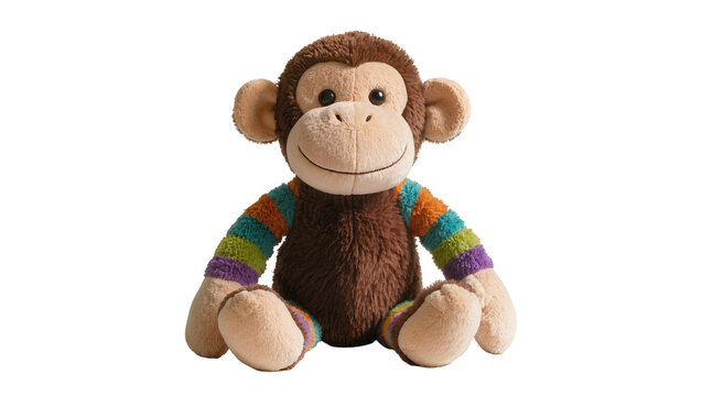 Plush monkey toy with colorful striped sleeves and legs