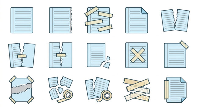 Collection of Torn and Taped Paper Document Icons.