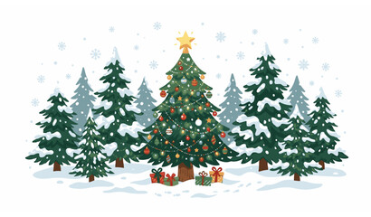 Obraz premium Christmas Tree with Snowy Winter Forest Holiday Vector Illustration Design