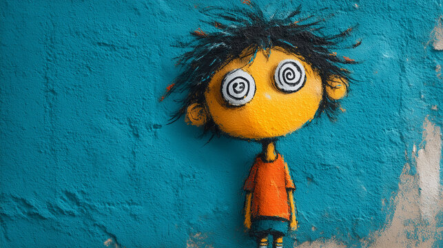 cartoon cute graffiti character with spiral eyes symbolizing puzzle thinking