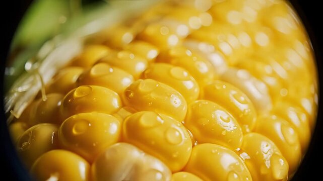 Close up macro shot of fresh ripe yellow corn cob with water droplets.