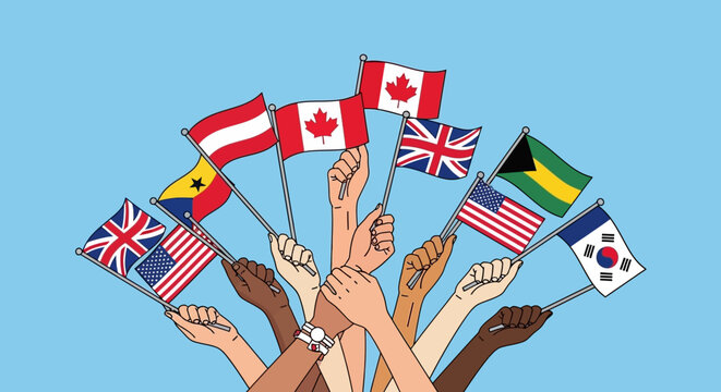 Diverse Hands Holding National Flags - Global Unity and International Cooperation